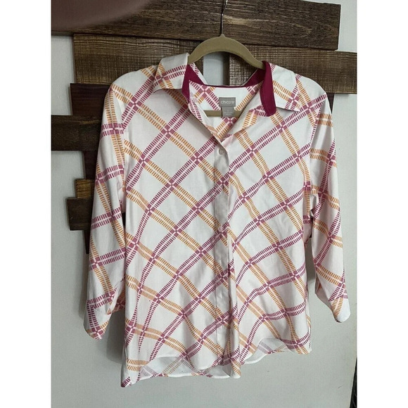 Chicos 2 Womens Shirt Size 14 3/4 Sleeve No Iron Button Down Front Pink Orange - Picture 1 of 7